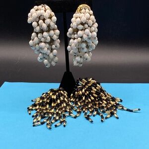 Vintage Cha Cha Seed Bead Earrings Long Two Pairs Cluster 1980's Clip Ons